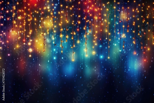 Dark background with colorful christmas light of garland and bokeh