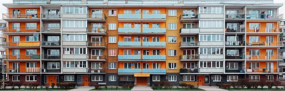 isolated multi flat building with color facade and lots of windows