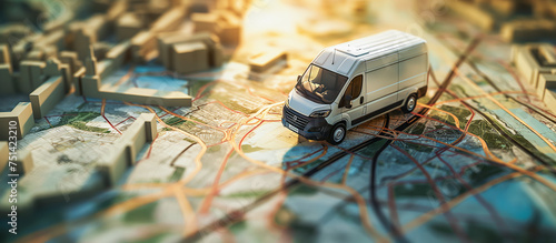 van transporting cargo model on urban city map. service delivery concept background