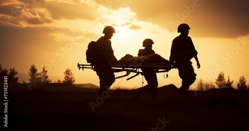 The Determined Silhouettes of Soldiers and Medics in a Rescue Operation