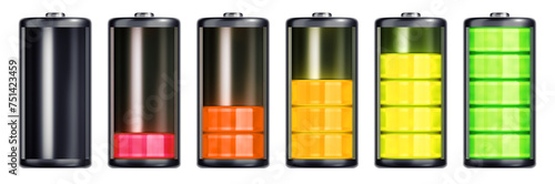 Process of Charging a Battery. A series of graphic representations of an abstract battery with inbuilt color indicator of a charge in progress. 3D-rendering graphics isolated on transparent background photo