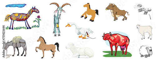 FARM ANIMALS Cliparts horse cow hen mice rat lama sheep goat dunkey miscellaneous animals creative clipart and cartoons etc - compendium vector illustrations editable best art design for multipurpose  photo