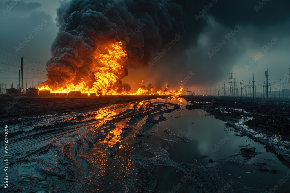 Burning oil terminal is under black smoke