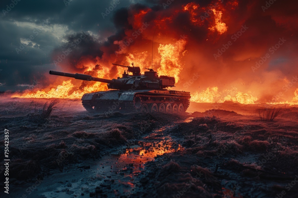 Modern tank is on burning battlefield in the dark