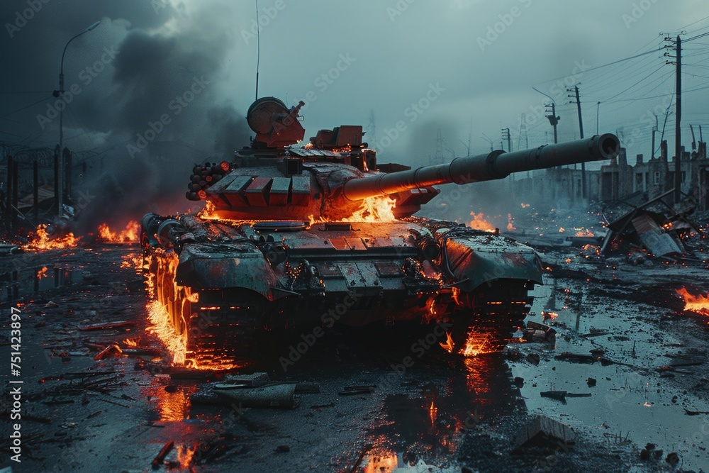 Destroyed modern tank burns on the abandoned city street in the dark