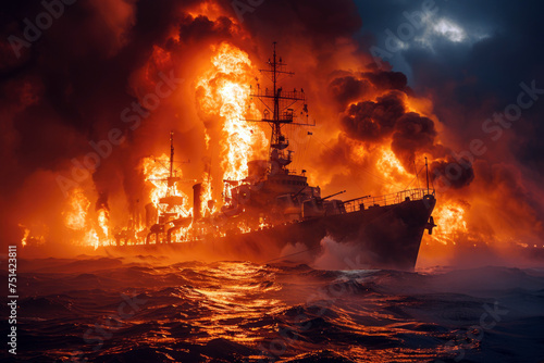 Burning battle ship is on fire on sea water at night