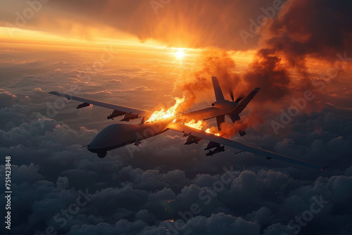 Burning plane type military drone is falling down under dramatic sky