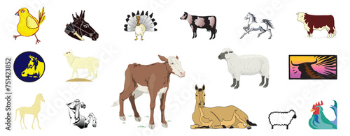 FARM ANIMALS Cliparts horse cow hen mice rat lama sheep goat dunkey miscellaneous animals creative clipart and cartoons etc - compendium vector illustrations editable best art design for multipurpose  photo