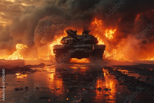 Burning modern tank is on the wet road in the dark