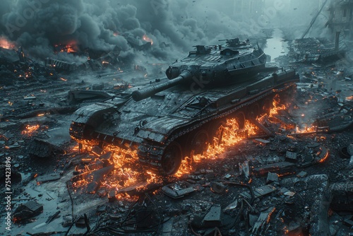 Destroyed tank from the Second World War period burns with black smoke in the dark photo