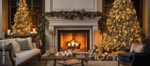 The modern living room is filled with furniture and adorned with festive decorations, including a Christmas tree. A cozy fire is burning in the fireplace, creating a warm and inviting atmosphere.