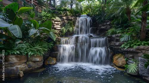 Summer Greenery Framing Waterfall: Highlighting Natural Beauty in Vibrant Seasonal Surroundings