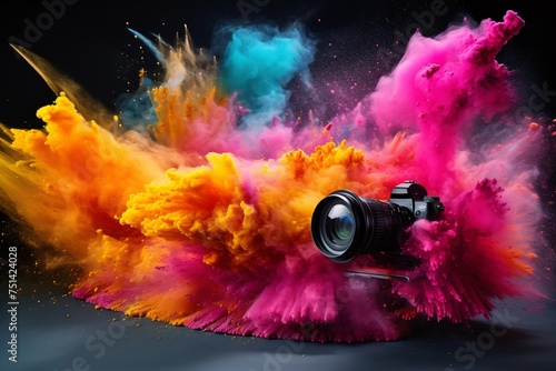 a camera in a cloud of colored powder