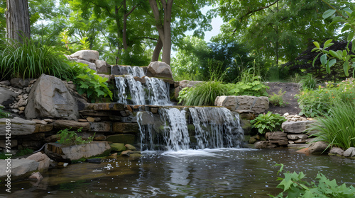 Summer Greenery Framing Waterfall  Highlighting Natural Beauty in Vibrant Seasonal Surroundings