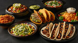 Classic Mexican food, with tacos, peppers and guacamole