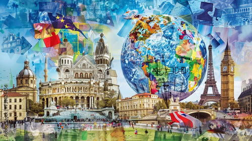Wallpaper Mural A vibrant collage of European landmarks forming a football, symbolizing unity and passion for the sport across Europe. Cultural diversity in every stitch. Torontodigital.ca
