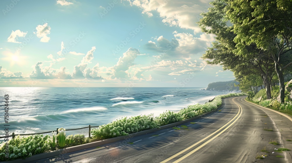 Fototapeta premium Oceanfront Retreat: An idyllic 3D concept featuring a car journey along a coastal road, where the background showcases a peaceful ocean view, blending the road trip with the serenity of the sea