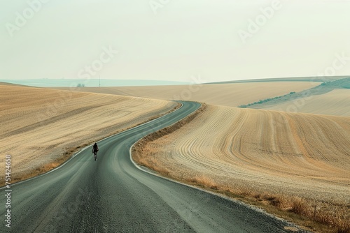 A person is walking down a dirt road in the middle of a vast field  under a clear blue sky. Generative AI