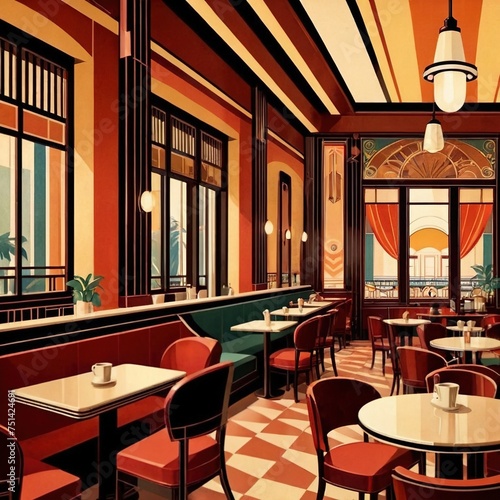Interior of cafe coffee shop restaurant  retro art deco vintage illustration