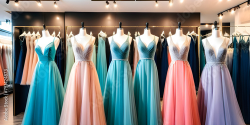 Elegant formal dresses for sale in luxury modern shop boutique. Prom gown, wedding, evening, bridesmaid dresses dress details. Dress rental for various occasions and events. 