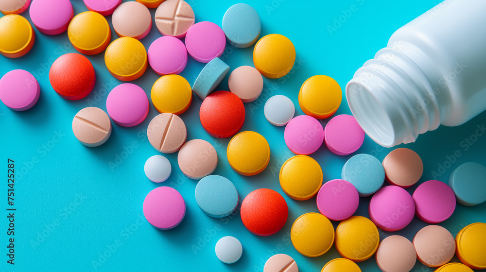 Colorful pills and tablets spilled from a container onto a teal background, symbolizing healthcare and medicine. Ai generative illustration