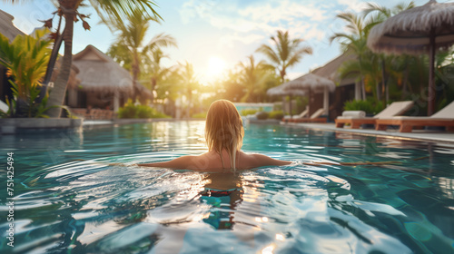 A person relaxes in a tropical swimming pool during vacation at sunset. Ai generative illustration photo