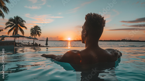 A person relaxing in a swimming pool at sunset with palm trees in the background. Ai generative illustration © ImageFlow