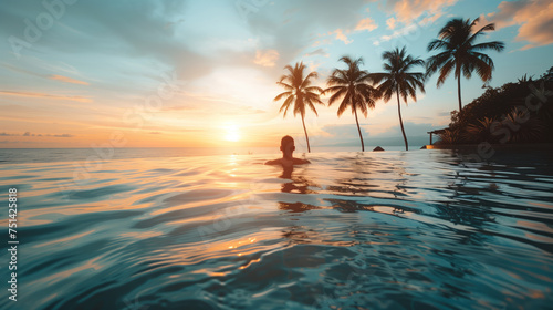 A person enjoys a swim in an infinity pool overlooking a tropical sunset with palm trees. Ai generative illustration