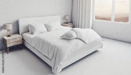 Blank white bed mock up, top view isolated, 3d rendering. Empty blanket and pillows mockup in bedstead. Doss with mattress and bedsheet in place for sleep template. Bedclothes with pilows and duvet