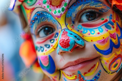 Close-up of a child's girl face adorned with vibrant colors for Children's Day celebration