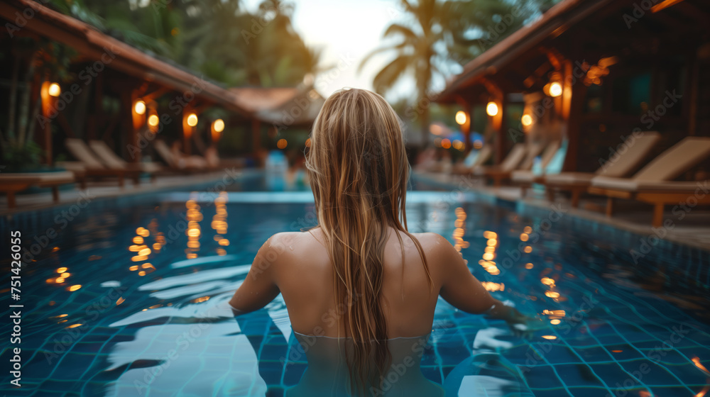 Obraz premium An individual relaxing in a tropical hotel swimming pool during a vacation. Ai generative illustration