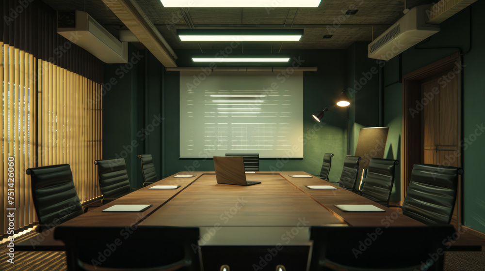 A sophisticated conference room with a large table, chairs, and a blank white projector screen on the wall. Ai generative illustration A sophisticated conference room with a large table, chairs, and a blank white projector screen on the wall. Ai generative illustration