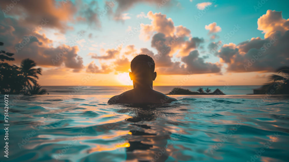 Person enjoying a tropical sunset from a swimming pool. Ai generative illustration
