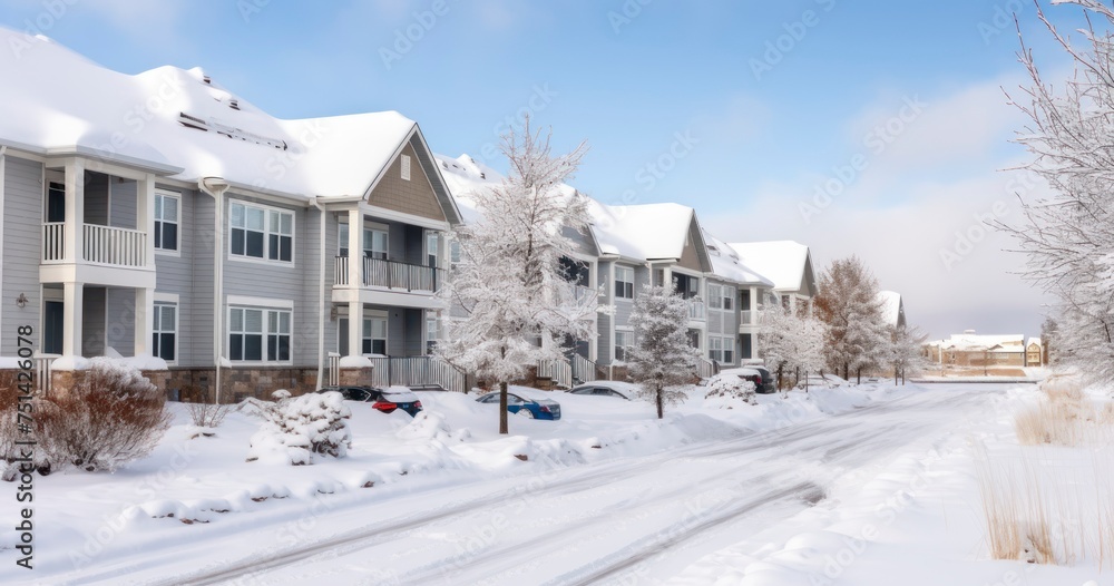 Snow-Covered Apartment Buildings and Townhouses in a Serene Neighborhood