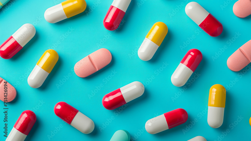 Assorted capsules and pills scattered on a blue surface, representing the medical industry. Ai generative illustration