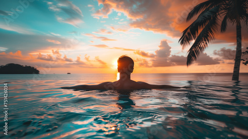 A person relaxes in a swimming pool during a tropical vacation at sunset. Ai generative illustration