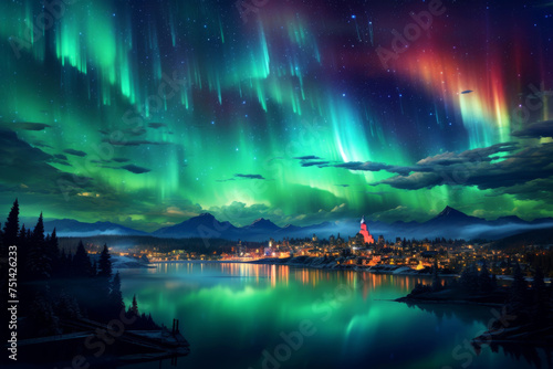 Beautiful Aurora lights in starry night sky over the city. Aurora borealis over the sky at islands. Night winter landscape with colorful scene, night of city with light. © TANATPON