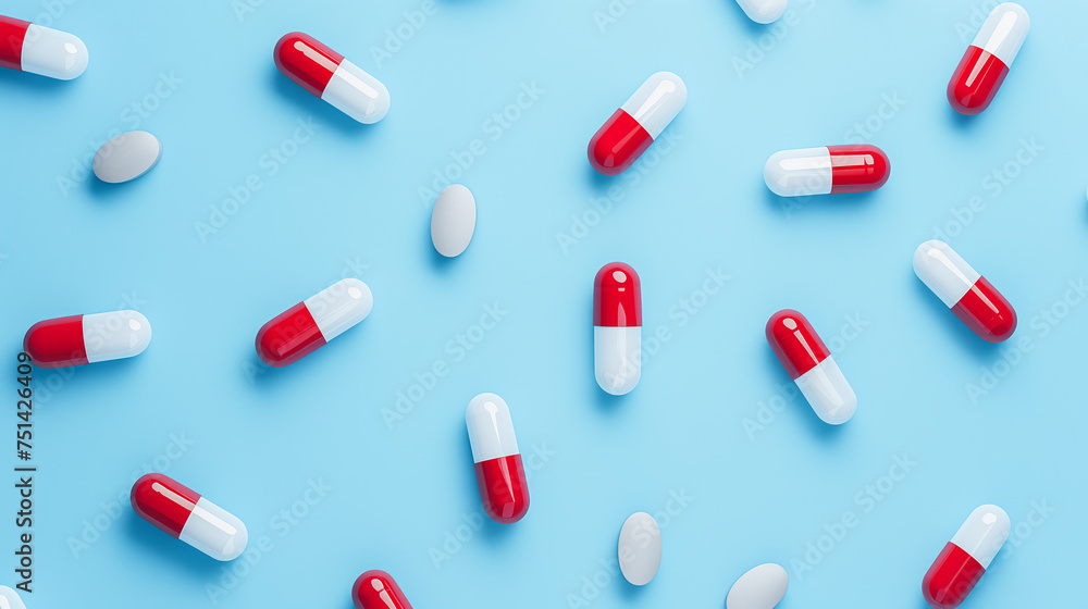 A collection of red and white capsules and white pills on a blue background, representing healthcare and medicine. Ai generative illustration A collection of red and white capsules and white pills on a blue background, representing healthcare and medicine. Ai generative illustration