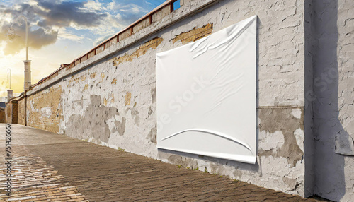 Creased Clear mockup glued sticker advertising 3d propaganda adhesive textured affiche wall art Blank mock Empty white canvas street rendering poster wheatpaste urban . photo