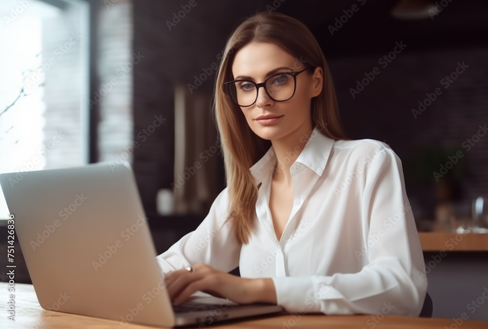 A woman wearing glasses is using a laptop on a desk, women networking in business, female mentorship, supportive business community A woman wearing glasses is using a laptop on a desk, women networking in business, female mentorship, supportive business community