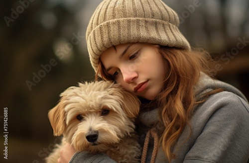 A woman wearing a beanie is holding a dog in her arms  work life balance for women  juggling motherhood and career  successful balance