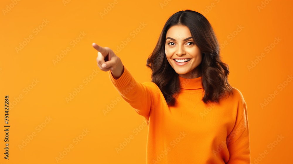 Smiling woman pointing away portrait on isolated background - ai generative Smiling woman pointing away portrait on isolated background - ai generative