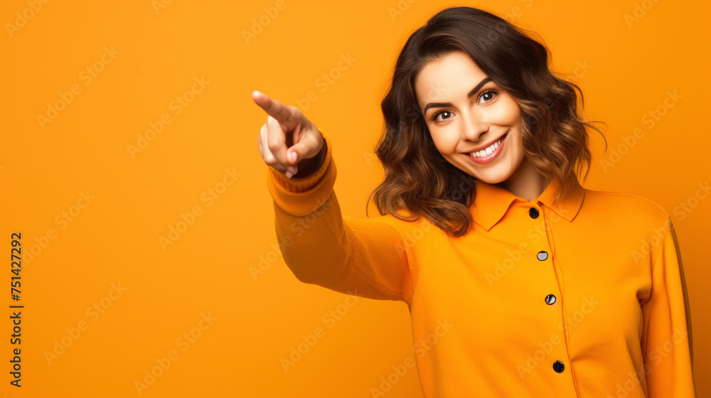Smiling woman pointing away portrait on isolated background - ai generative Smiling woman pointing away portrait on isolated background - ai generative