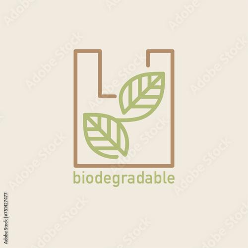 Plastic bag with green leaf icon. Biodegradable, compostable and bio plastic. Eco friendly compostable material production. Nature protection concept. Vector Illustration, editable strokes