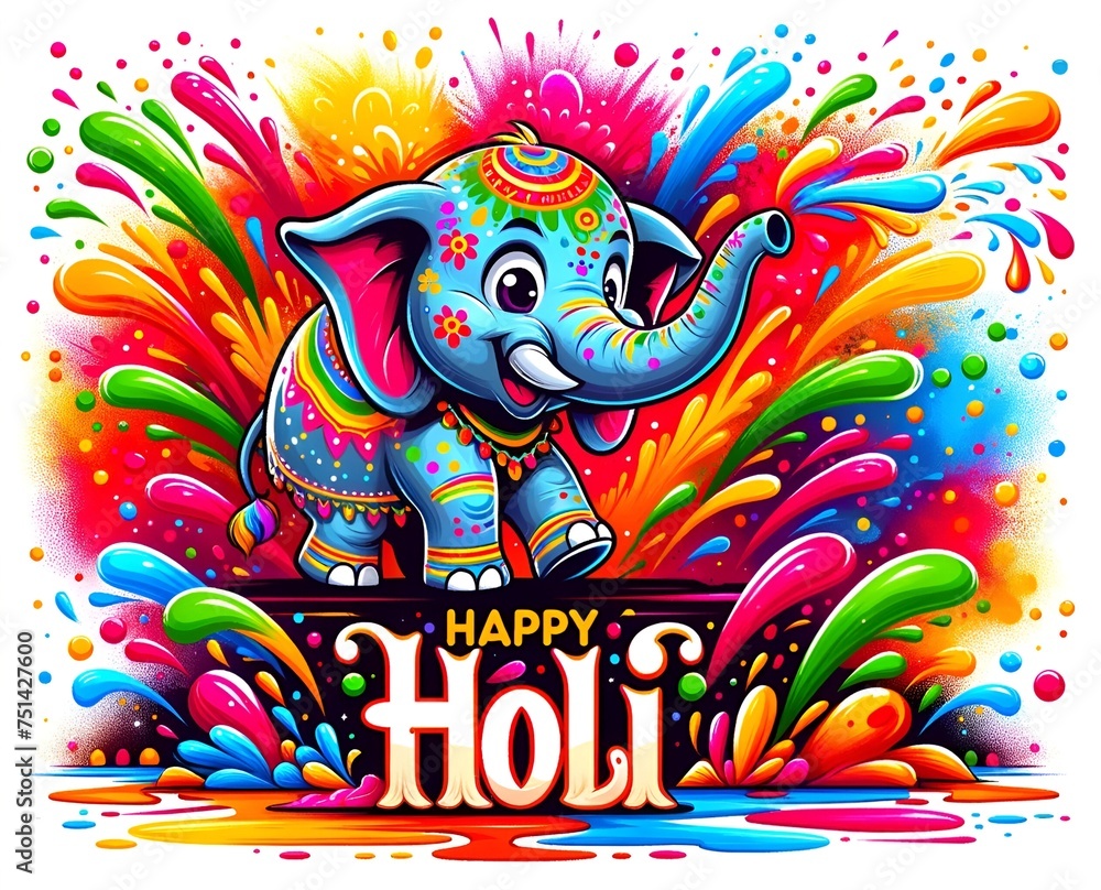 Colorful and vibrant cartoon illustration of an elephant splashed with a colors to celebrate the holi.