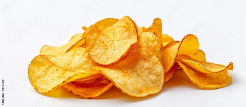 Crunchy pile of delicious potato chips on a crisp white background for tasty snack presentations and advertisements Crunchy pile of delicious potato chips on a crisp white background for tasty snack presentations and advertisements