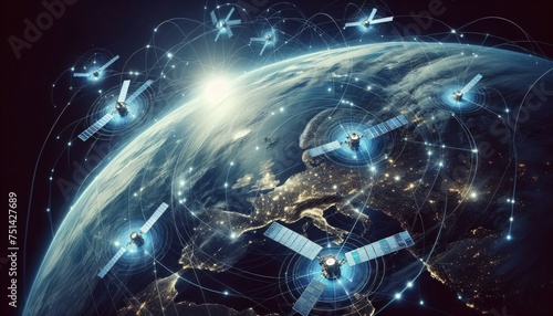 Web of digital communications in space.Connections of Satellites with Internet lines, energies, vibrations, antennas with planet Earth