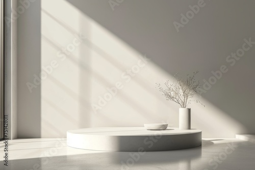 Pristine and minimal podium, softly lit by ambient light, exuding an aura of sophistication