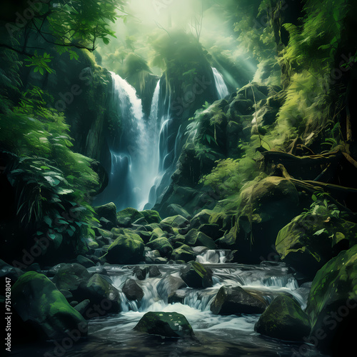 Majestic waterfall surrounded by lush greenery.