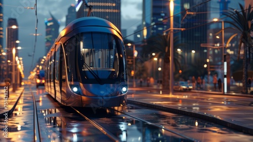 Nextgen urban transport a sleek electric tram gliding through a vibrant smart city at dusk